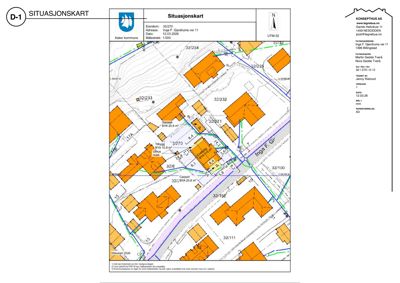 Situasjonskart som viser eiendommen, nabolag, veier og planlagte tiltak.