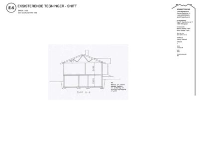 Snittegning (Snitt A-A) av en eksisterende bygning, som viser tverrsnittet og høydeforskjeller.