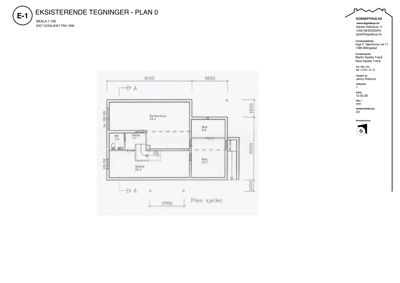 Etasjeplan (Plan 0) som viser romfordeling og mål for en eksisterende bygning.