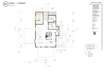 Etasjeplan (1. etasje) med romfordeling, mål og arealoppsett.