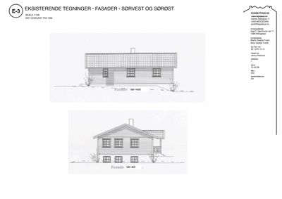 Tegning som viser fasader av en bygning sett fra sør-vest og sør-øst.