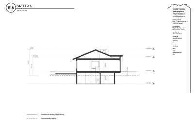 Snittegning (SNITT AA) som viser tverrsnittet av en bygning med høydeangivelser og takhelling.