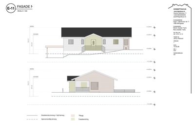 Fasadetegning av en hytte med mål og høydeangivelser