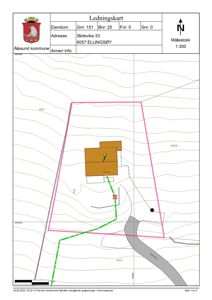 Ledningskart som viser eiendomsgrenser, eksisterende bygninger, vannveier og ledningsforløp for eiendommen Slotsvika 33.
