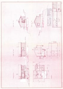 Fasadetegning med oppriss av bygning sett utenfra, inkludert tre vinkler (front, side, bak) og en snittegning.