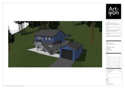 3D-visualisering av en blå hytte med garasje, terrasse og trapp, sett fra et perspektiv som viser både fasade og omgivelser.