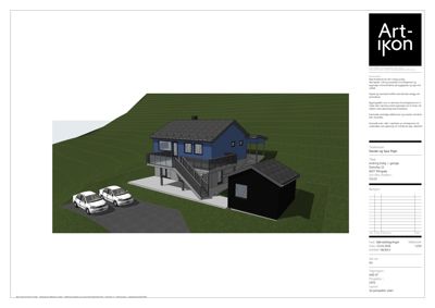3D-visualisering av et hus med bilplassering og omgivelser