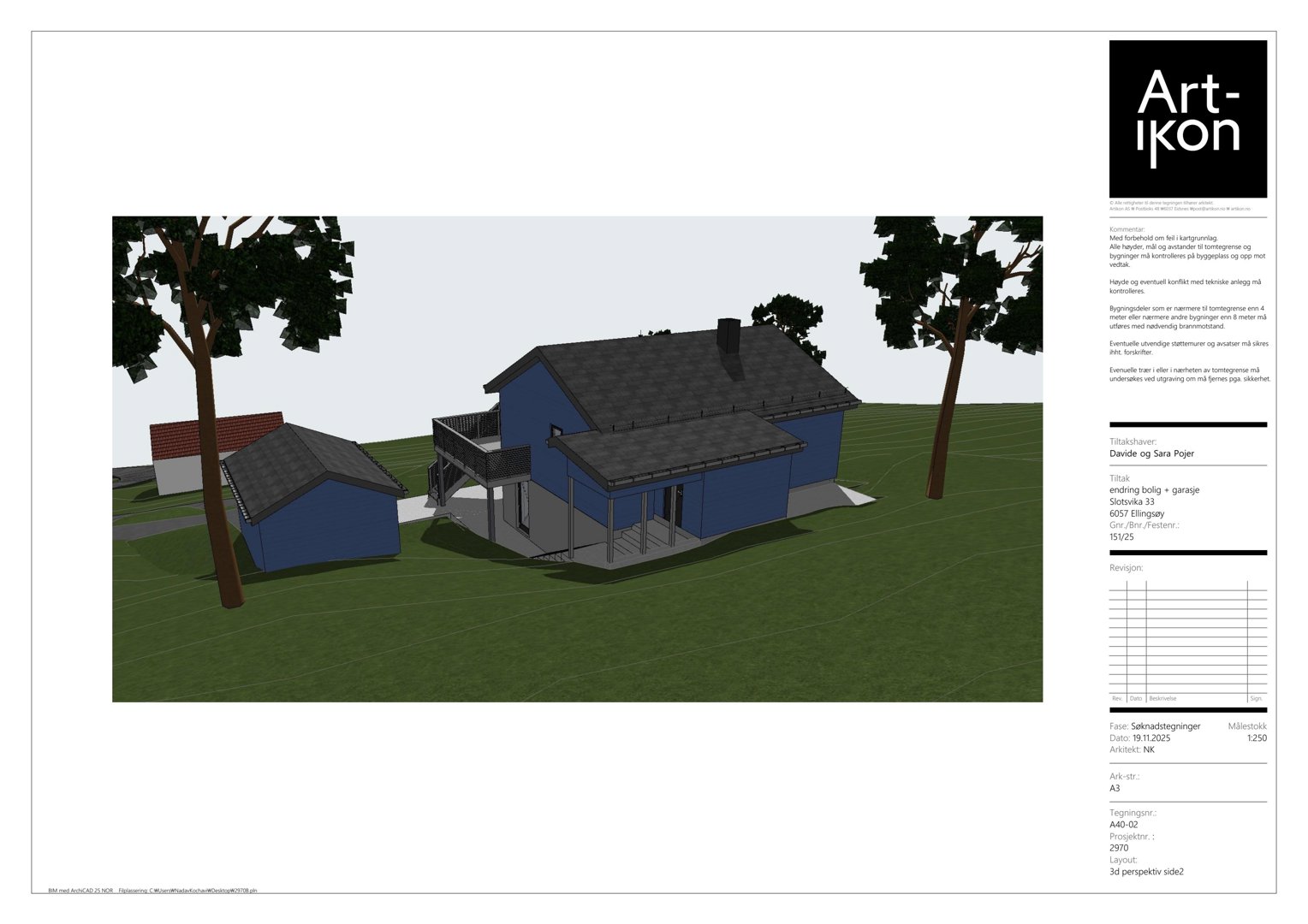 3D-visualisering av en hus med omgivelser, inkludert trær og nabohus.