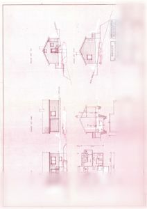 Fasadetegning med oppriss av bygning sett utenfra, inkludert tre vinkler (front, side, bak) og en snittegning.