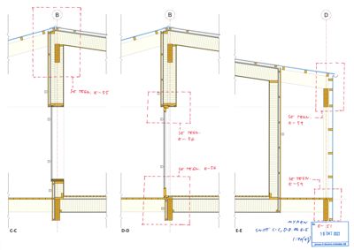 Snittegning som viser tverrsnitt gjennom en bygning (C-C, D-D og E-E) med detaljer om takkonstruksjon, vegger og gulv.