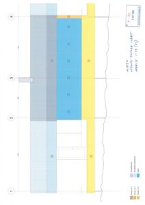 Fasadetegning (opprikk) av en bygning sett fra siden, med fargekodet visuellisering av materialer og skriftlig oppskrift på 'MYREH UTILITY ENTADE SYDØST'.