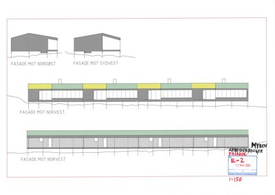 Fasadetegning som viser bygningens utseende fra fire ulike retninger (Nordøst, Sydvest, Norvest og Norvest).