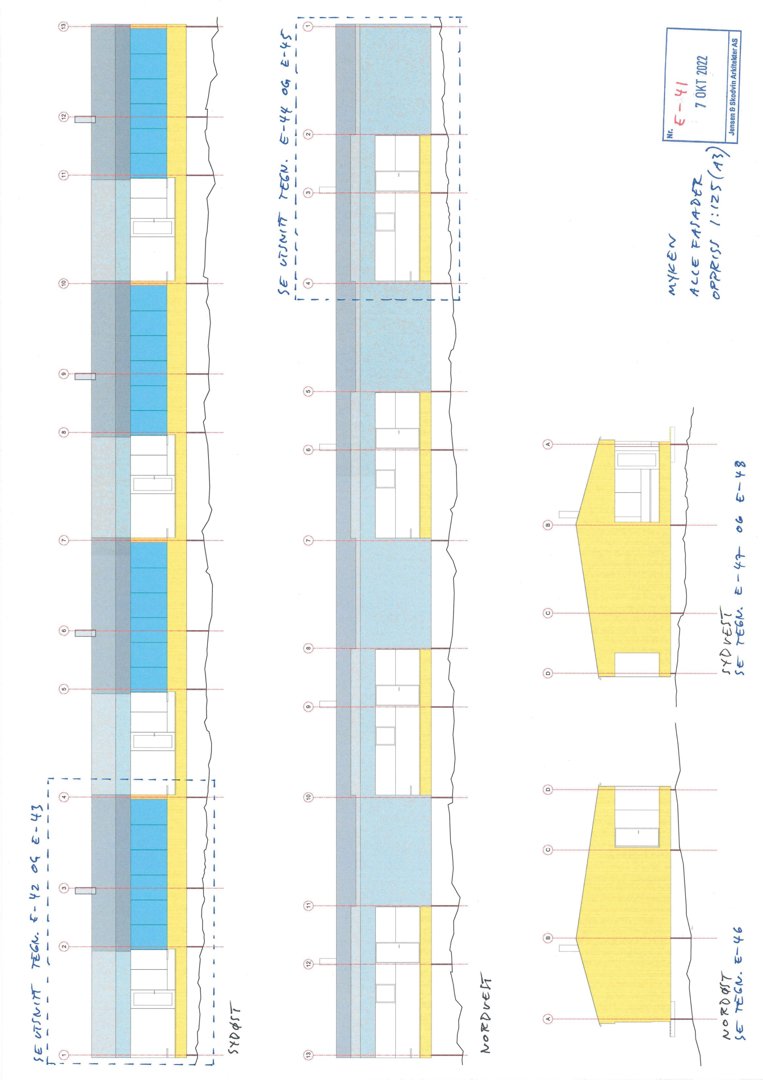 Fasadetegning (opprikk) av en bygning sett fra nordvest, med romfordeling og fargekoding for ulike etasjer.