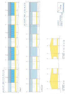 Fasadetegning (opprikk) av en bygning sett fra nordvest, med romfordeling og fargekoding for ulike etasjer.