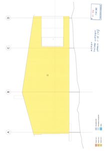 Fasadetegning (oppriss) av en bygning sett fra siden, med akselinummer (A-D) og en nøkkel for fargekodet informasjon om paneler.
