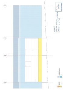Fasadetegning (opprikk) som viser fasadens oppbygning med paneler og vinduer.