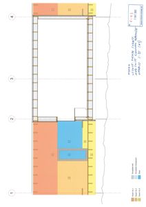 Oppriss (fasadetegning) av en bygning sett fra siden, med angivelse av vinduer og fasadepaneler.