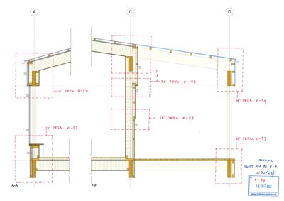 Snittegning (A-A og F-F) som viser tverrsnitt gjennom bygningens konstruksjon, inkludert tak, vegger og fundament.