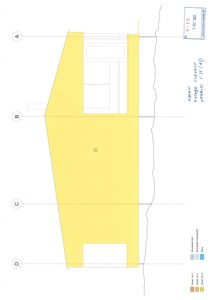 Fasadetegning (oppriss) av en bygning sett fra sydvest, med skravering som viser skråtak.