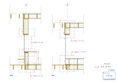 Snittegning (B-B og G-G) som viser tverrsnitt gjennom bygningen, inkludert konstruksjonsdetaljer, takhøyder og innvendige elementer.