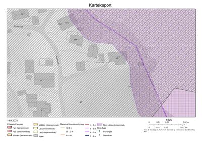 Kart over et område med karttekster om flom, steinskred og byggeområder.