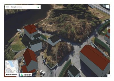 Et 3D-kart (Norkart) som viser et nabolag med hus, veier og terreng.