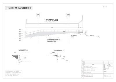 Tegning som viser lengdeprofil og tverrprofiler for en støttemur/garasje.