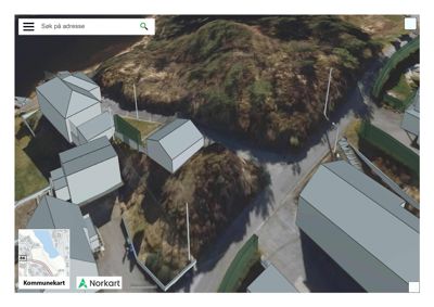 Flyfoto eller 3D-kartvisning av et område med bygninger, veier og terreng.