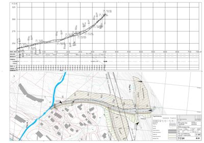 Situasjonsplan med topografiske konturlinjer, bebyggelse, vannløp og planlagt arealbruk.
