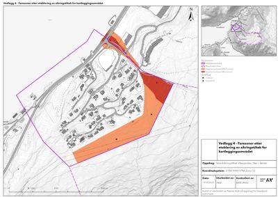 Kart over et kartleggingsområde med fargete faseroner (rød og oransje) som viser fareområder etter sikringstiltak. Kartet viser også topografi, vei og bebyggelse.
