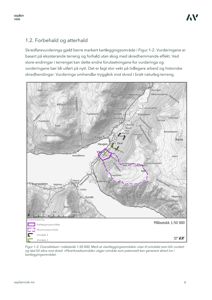 Oversiktskart over et kartleggingsområde for skredfarevurdering, med topografiske linjer, stednavn og definerte soner.