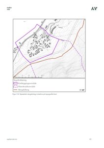 Topografisk kart (asplan viak) som viser et kartleggingsområde, påvirkningsområde og en skogsvei.