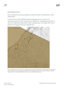 Et kart som viser registrerte kulturminner i tunet på Vika, inkludert SEFRAK-registrerte bygninger og et område med nasjonal interesse. Kartet har også en brun flet som markerer et område.