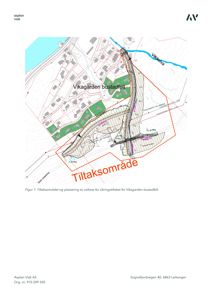 Situasjonsplan som viser Vikagarden bustadfelt, Vikaelva, og et definert tiltaksområde for sikringstiltak.