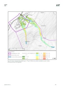 Kart som viser et asplan-modellert sårpeskredområde med hastighetsfarger og definerte soner.