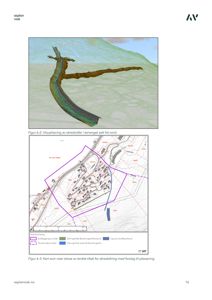 Bildet viser en situasjonsplan (Figur 6-3) med topografi, eiendomsinndelinger og forslag til plassering av skredsikringstiltak, samt en 3D-visualisering (Figur 6-2) av et skredvollsforløp i terrenget.