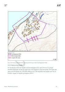 Kart som viser et kartleggingsområde og påvirkningsområde i et skredutsatt område, med topografiske linjer og infrastruktur.