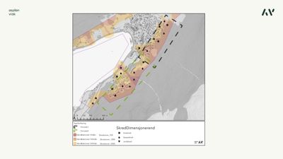 Kart over et område med overlagte skredsoner og -risikoklassifiseringer.
