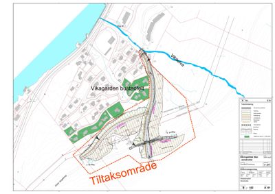Situasjonsplan som viser Vikagarden bustadfelt, Vikaelva, og et definert tiltaksområde med overlappende arealer og infrastruktur.