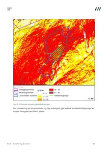 Kart over et terrengområde med fargekodet høyde (grader) og markerte områder for kartlegging, påvirkning, snøskred og støtteforbygninger.