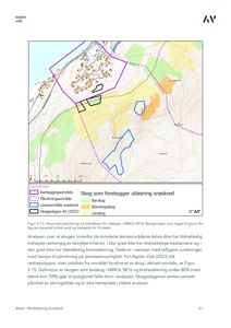 Kart som viser skredfareområder, skogdekning og kartleggingsområde for Asplan Viak.