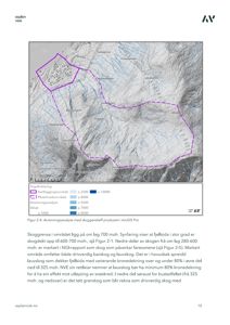 Et kart som viser et kartleggingsområde (lilla) og en påvirkningsområde (stiplet lilla) over et skogrelieff. Kartet inneholder også en 'Avrenningsanalyse' med fargekoding for høyde (moh.) og tekst som beskriver skoggrensa og faresoner.