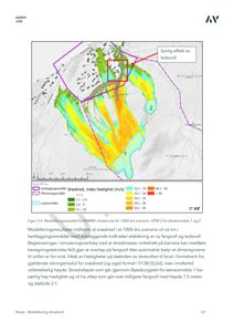 Kart som viser modellering av snøskredhastighet i et kartleggingsområde, med fargekodet hastighetsfordeling og overlappende soner.