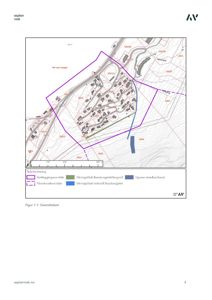 Oversiktskart (situasjonsplan) som viser et kartleggingsområde, sikringstiltak og topografi.