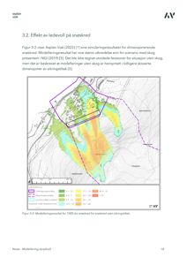 Kart som viser simulerte snøskredfareoner (fargekodet) og utbredelse av snøskred i et landskap.