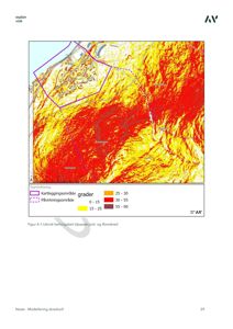 Et helningskart (topografisk kart) som viser terrengform og skredfare i et område, med fargekoding for helningsvinkler.