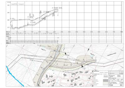 Situasjonsplan med topografisk underlag, byggefelt, vegforløp og profilering.