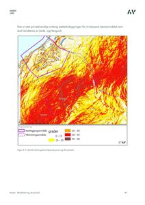 Et snitt av et helningskart (hellingkart) som viser terrengforhold i et område, med fargekoding for helling i grader.