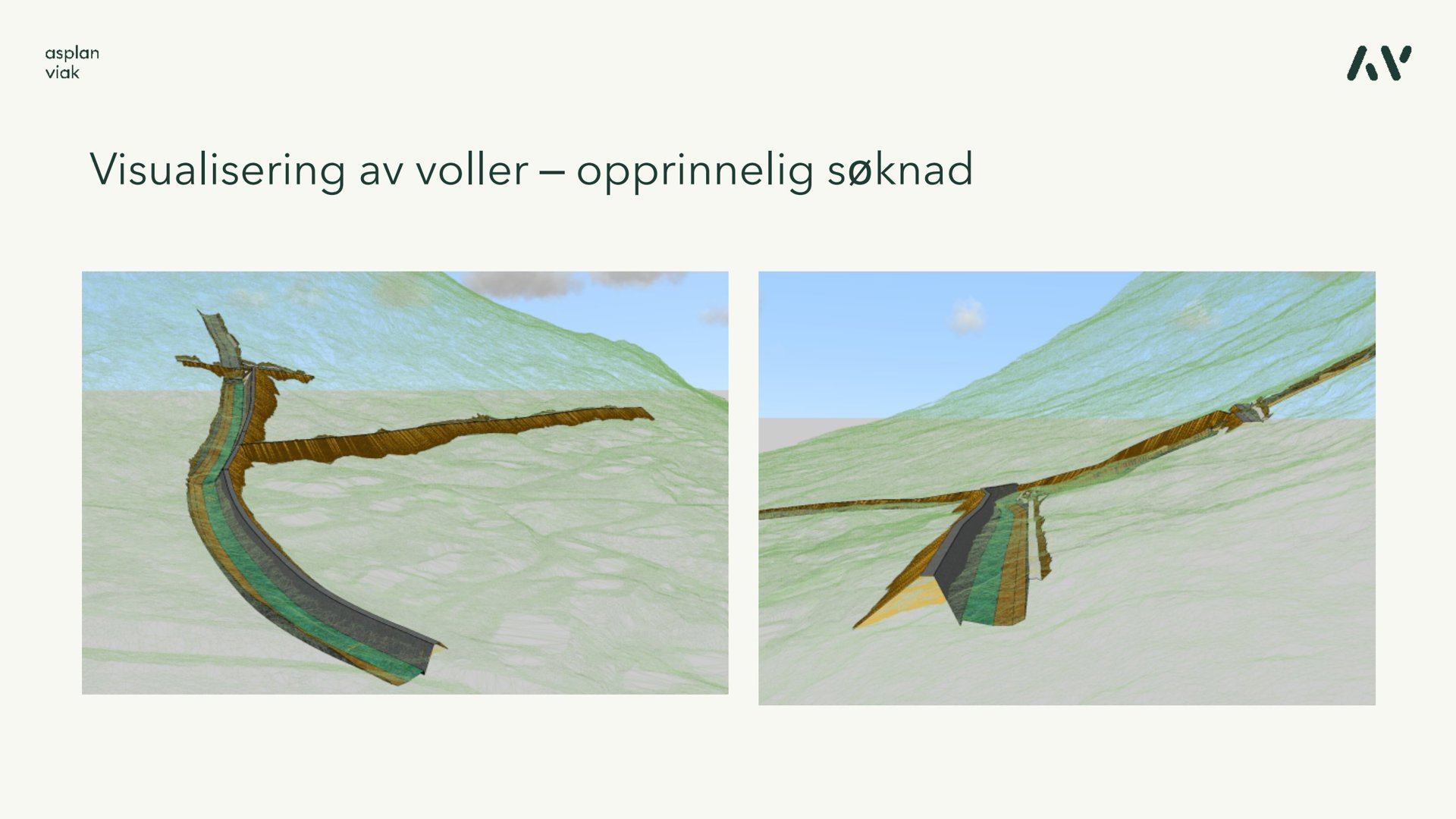 3D-visualisering (rendering) av en terrengmodell med en 'vold' eller 'søknad' (en form for konstruksjon eller landform) som er vist i to perspektiver.