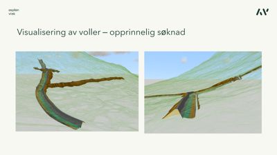 3D-visualisering (rendering) av en terrengmodell med en 'vold' eller 'søknad' (en form for konstruksjon eller landform) som er vist i to perspektiver.